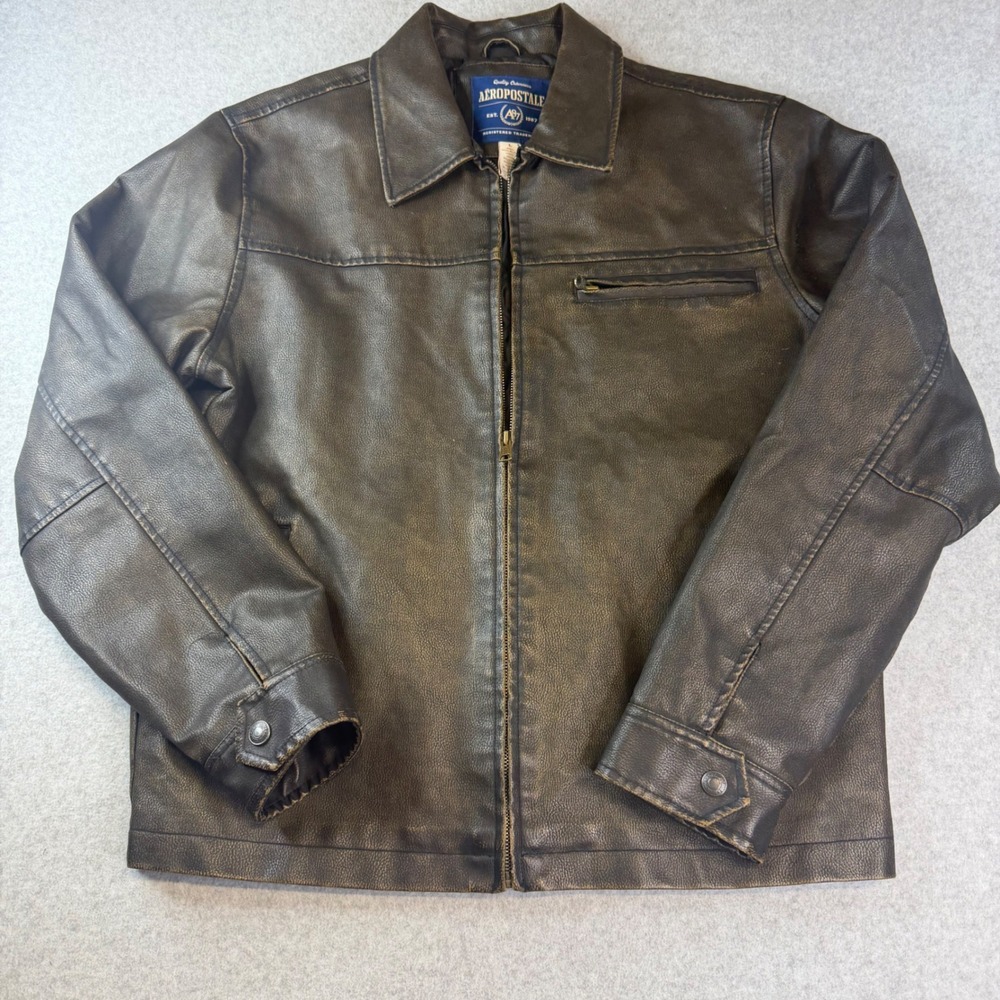Aeropostale Mens Faux Leather Jacket Brown Distressed Full Zip Quilted Lined L